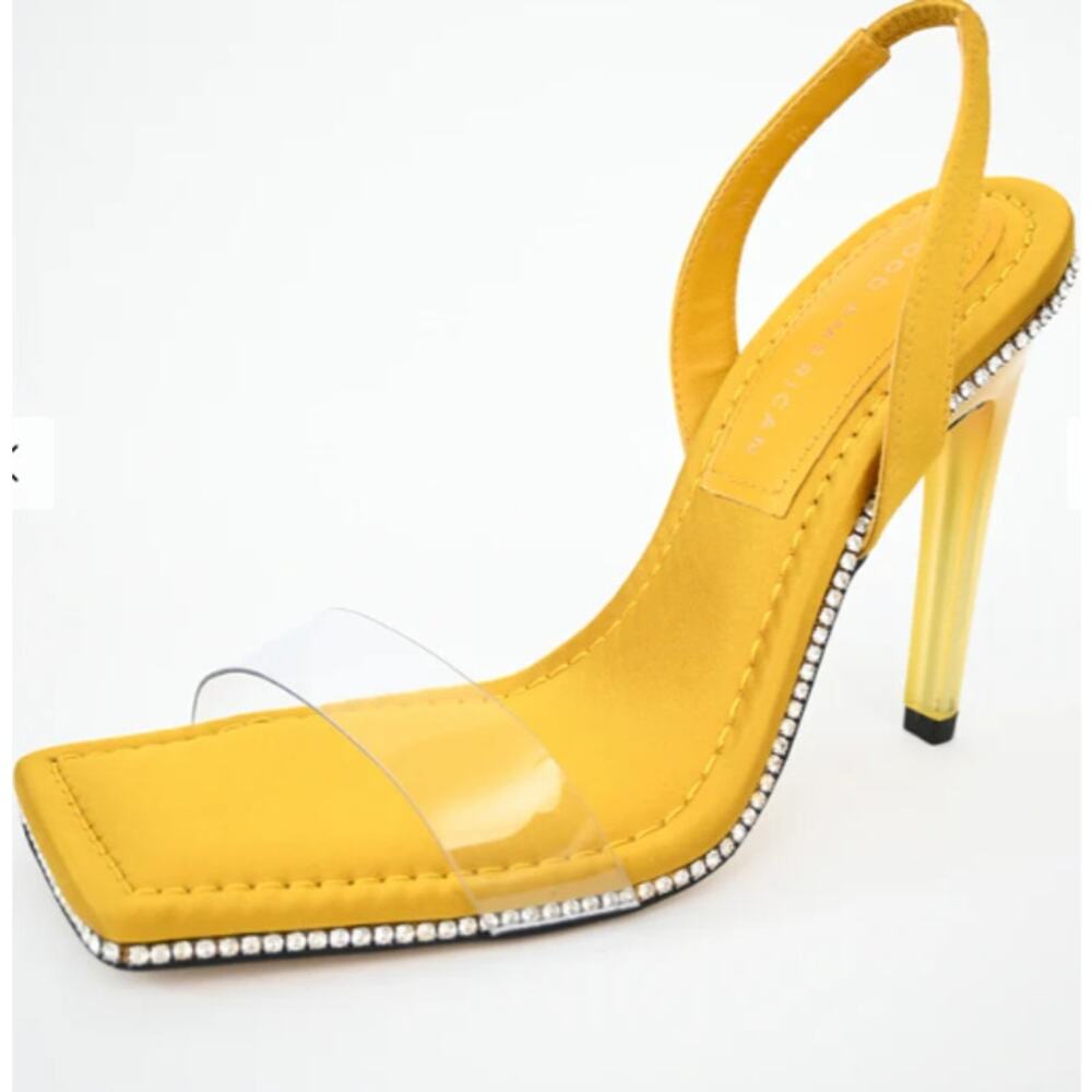 $250 MSRP - Good American Crystal Crush Lucite Stiletto Yellow - Size 7